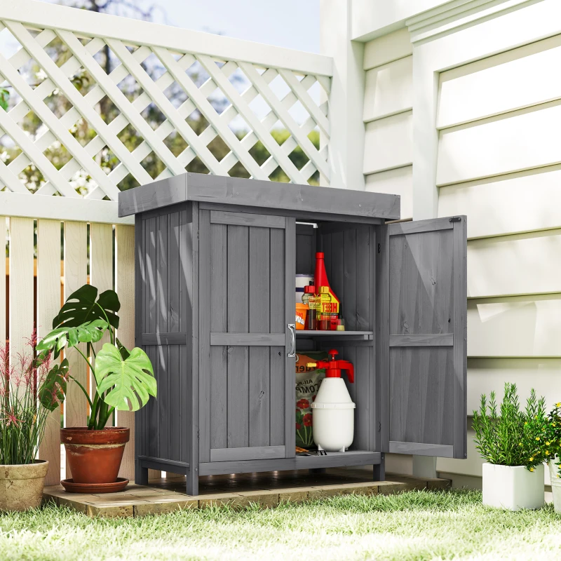 Outsunny Armadio da Giardino a 2 Ripiani in Legno di Abete con Tetto Apribile, 74x43x88 cm, color Legno