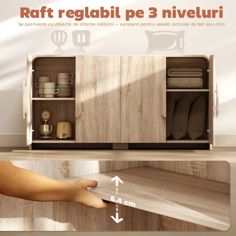 HOMCOM Comodă de Bucătărie cu 2 Dulapuri, Uși Soft-Close și Rafturi Reglabile, 157x39x82 cm, Lemn Natural