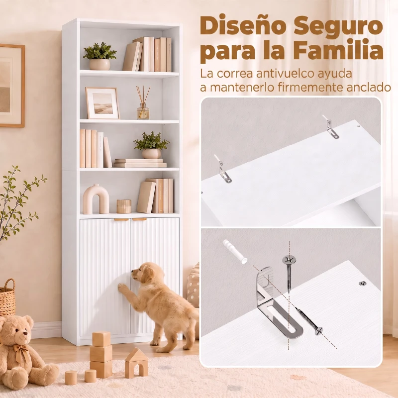 HOMCOM Librería Alta y Estrecha de 6 Niveles con 4 Compartimentos Abiertos Estante Ajustable Cierres Magnéticos Blanco