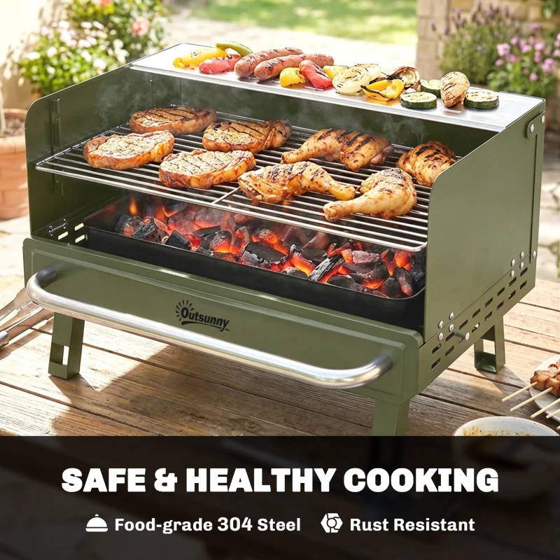 Outsunny Portable BBQ Grill, Charcoal Barbecue Grill with Adjustable Grates, Foldable Legs, Side Shelf for Camping Travel, Green