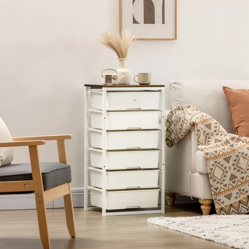 HOMCOM Bedroom Chest of Drawers, 6-Drawer Dresser, Tall Storage Drawer Unit with Steel Frame for Living Room, White