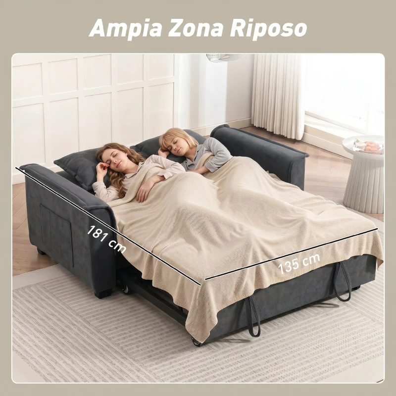 HOMCOM 3 in 1 Divano Letto 2 Posti con Schienale Regolabile in 3 Posizioni e 2 Cuscini, in Ciniglia, Grigio Scuro