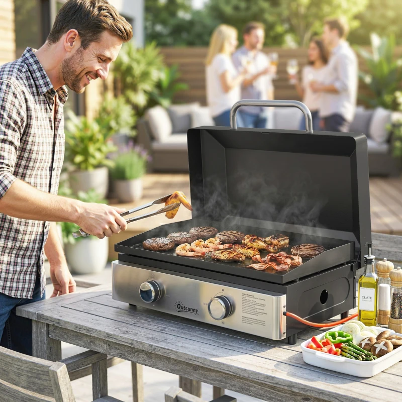 Outsunny 2 Burner Grill Griddle, Portable Gas Plancha, 6 kW, Tabletop Gas BBQ with Grease Cup for Camping Picnic Patios, Black