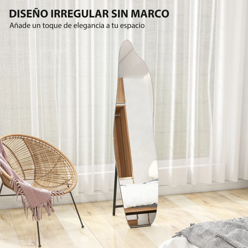 HOMCOM Espejo de Pie Cuerpo Entero sin Marco Espejo de Pie Forma Irregular con Soporte 40x4x160 cm Negro y Plata