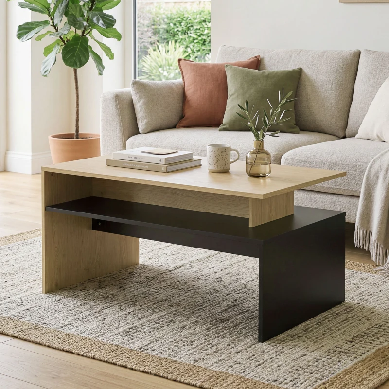 HOMCOM Table Basse Moderne Bicolore à Niveaux Décalés avec Étagère de Rangement, 95 x 55 x 50 cm, Bois Naturel et Noir