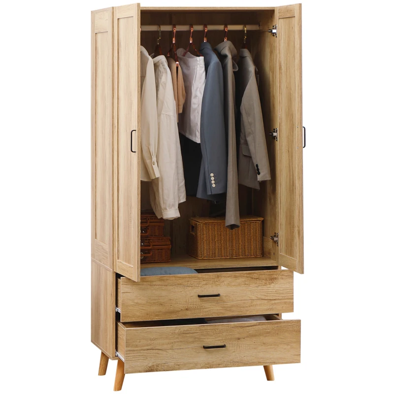 HOMCOM Armadio 2 Ante a Battente con 2 Cassetti e Asta Appendiabiti, 80x54x180 cm, Legno