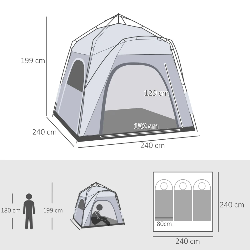Outsunny 3 Person Automatic Camping Tent, Outdoor Pop Up Tent, Portable Backpacking Dome Shelter, Light Grey