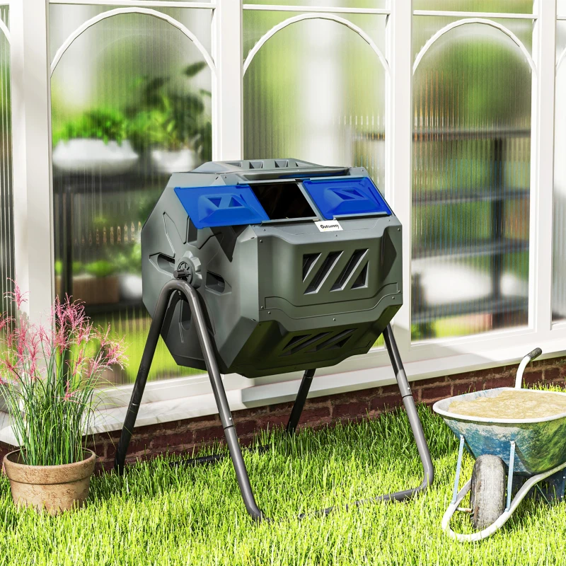 Outsunny 160L 360° Rotating Dual Chamber Composter - Blue