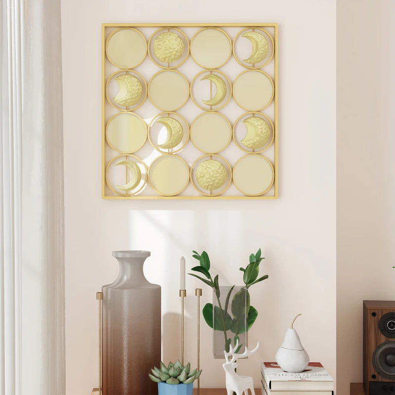 HOMCOM Decoración de Metal para Pared de Fases Lunares Multidireccional con 16 Discos Dorado