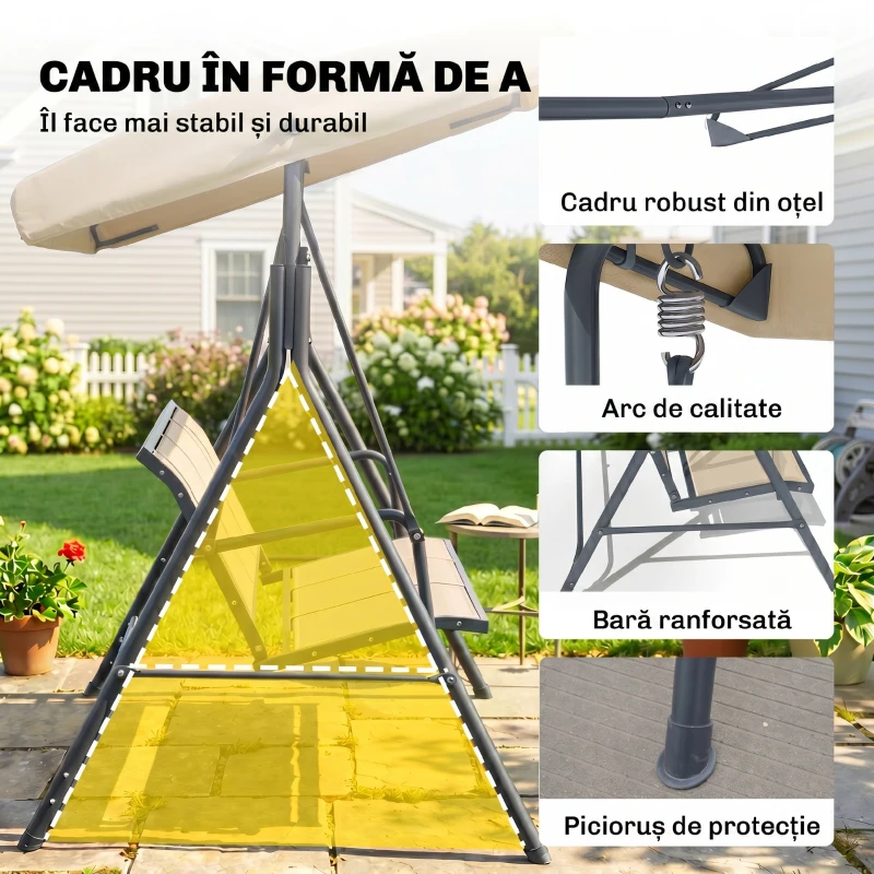 Outsunny Leagăn de grădină cu 3 locuri, copertină, șezut respirabil și cadru din oțel, bej