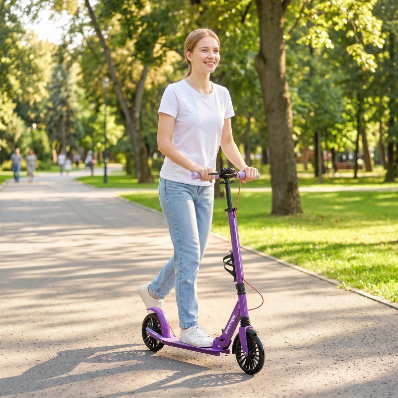 SPORTNOW Foldable Kick Scooter with Height Adjustable Handlebar, One-click Folding Adult Scooters with 200 mm Big Wheels, Purple
