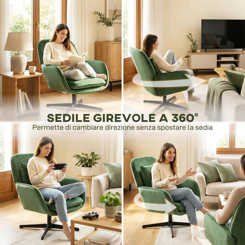 HOMCOM Poltrona da Salotto Girevole con Cuscino Lombare e Rivestimento in Tessuto Effetto Velluto, Verde