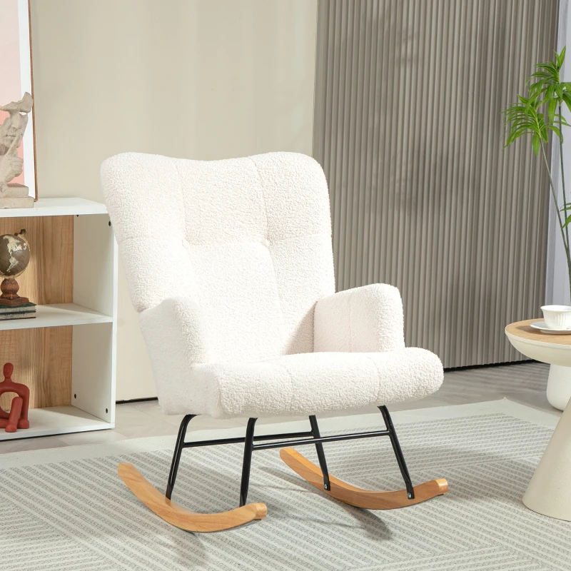HOMCOM Silla Mecedora de Borreguito con Respaldo Capitoné y Base de Madera de Caucho para Salón o Dormitorio 65x88x87 cm Crema