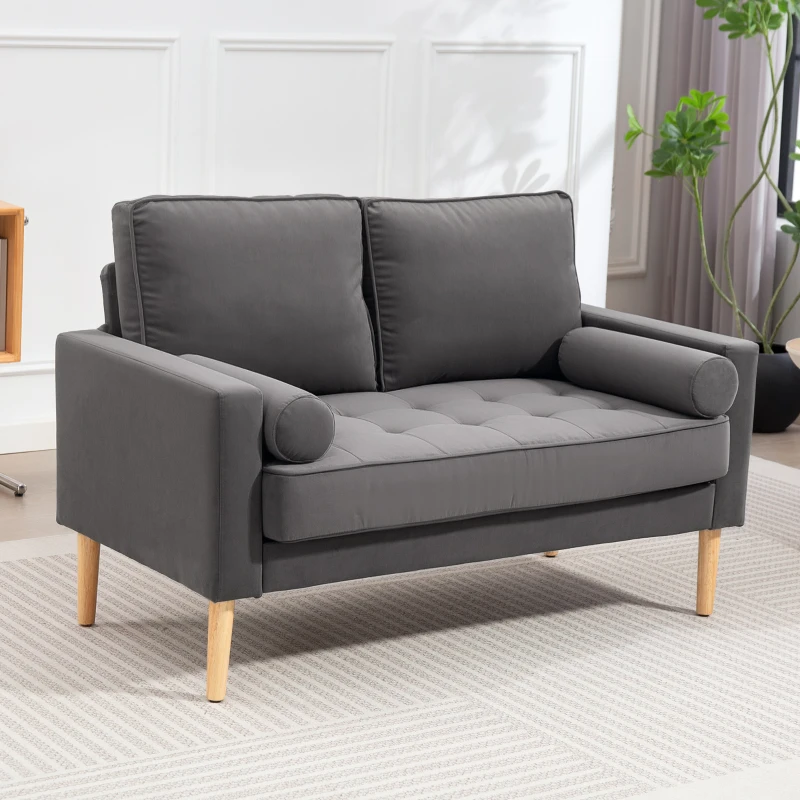 HOMCOM Canapé 2 places banquette moderne en velours 127 cm avec coussins épais, 2 oreillers et assise capitonnée, gris