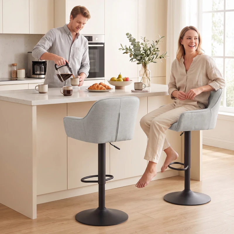 HOMCOM Set de 2 taburete de bar, scaune de bar din chenille, înălțime reglabilă, rotire 360°, spătar și suport pentru picioare, gri