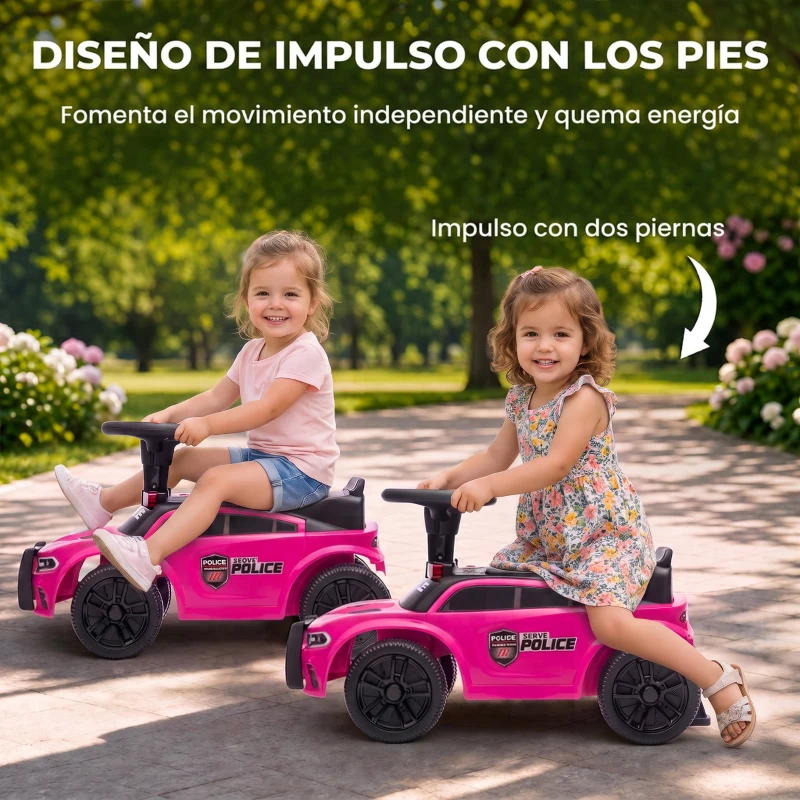 AIYAPLAY Coche Correpasillos de Policía para Niños de 18-36 Meses con Luz Música y Espacio de Almacenaje 65x29,5x36 cm Rosa