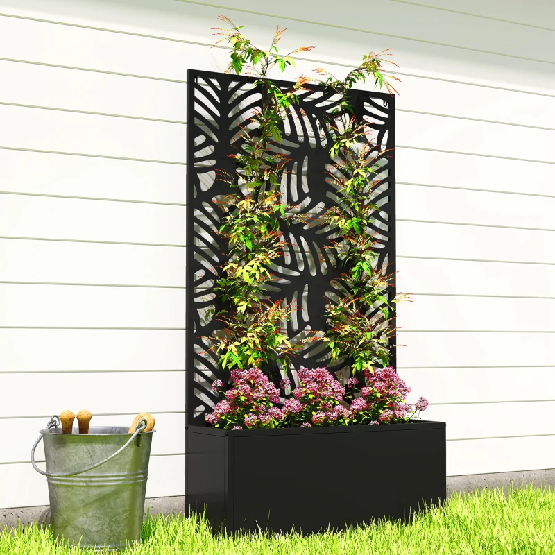 Outsunny Metal Garden Bed for Garden with Trellis, Wall Mounted or Freestanding Raised Planter with Privacy Screen