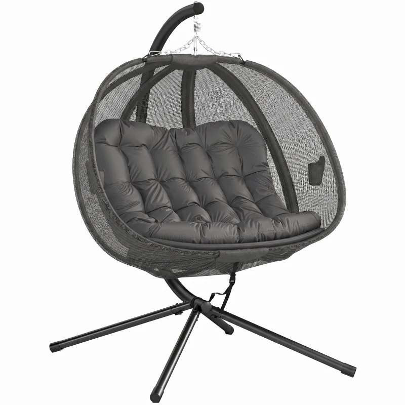 Outsunny Double Hanging Egg Chair 2 Seaters Texteline Swing Hammock Chair with Stand, Cushion and Folding Design, for Indoor and Outdoor, Grey