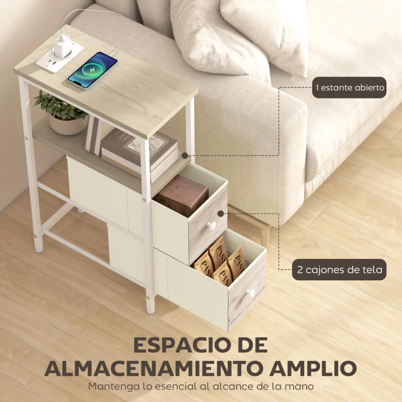 HOMCOM Juego de 2 Mesitas Auxiliares Estrechas con Enchufe Toma AC Puerto USB Puerto USB-C 2 Cajones de Tela Natural