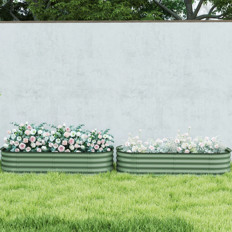 Outsunny Galvanised Raised Garden Bed, Metal Planter Box with Safety Edging, for Flowers, Herbs, Succulents, Pack of 2, Green