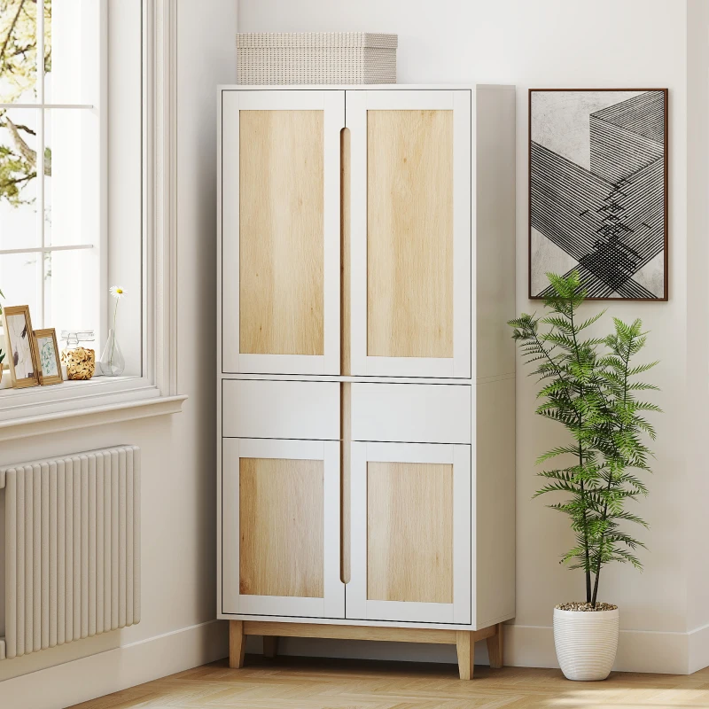 HOMCOM Buffet haut cuisine, armoire de cuisine avec 4 portes, 2 tiroirs et étagères réglables, 80x35x170cm, blanc et chêne(m-8)
