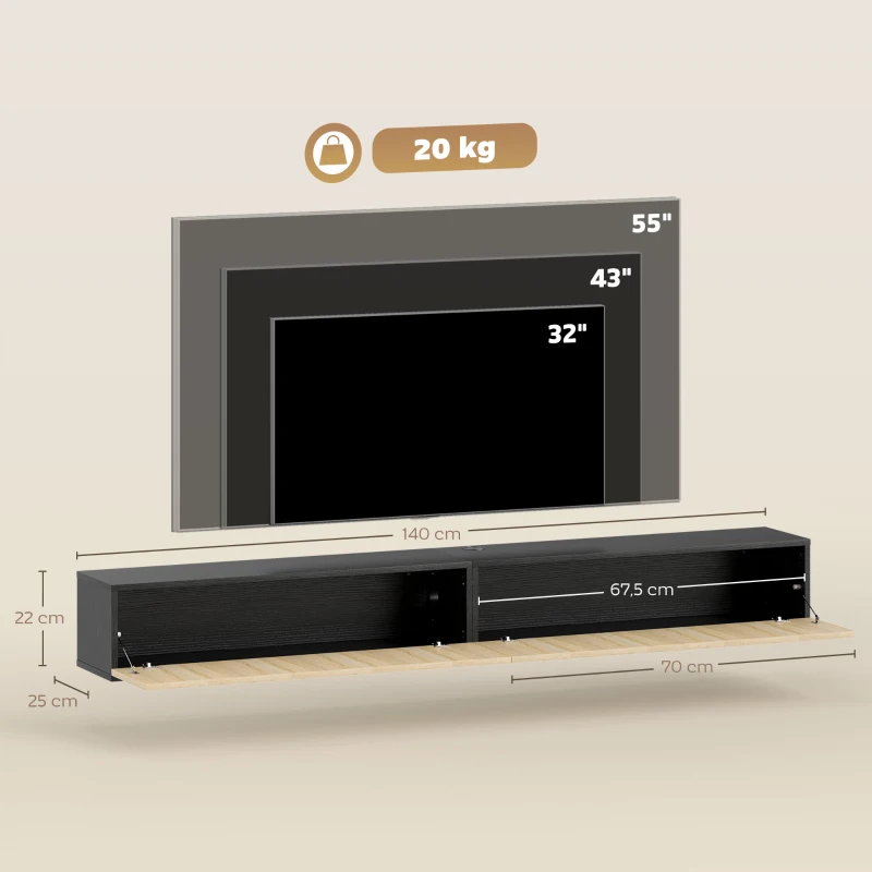 HOMCOM Meuble TV suspendu 140cm, meuble télé pour téléviseur 72 pouces, 2 portes rabattables, 140x25x22cm, bois naturel et noir