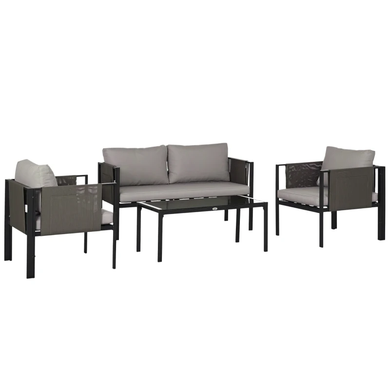 Outsunny 4 Piece Metal Garden Furniture Set - Includes Tempered Glass Coffee Table, Texteline Pocket, Outdoor Patio Set with Loveseat, Single Armchairs and Padded Cushions, Light Grey