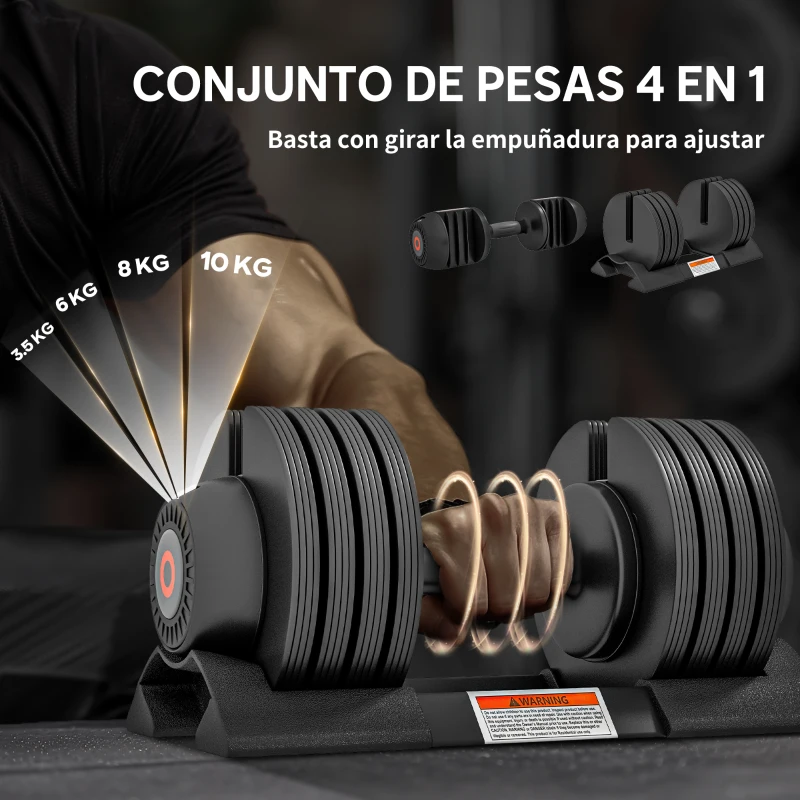 SPORTNOW Mancuerna Ajustable 4 en 1 10 kg Ajuste Rápido de Peso con Base de Almacenaje Mango Antideslizante para Gimnasio en Casa