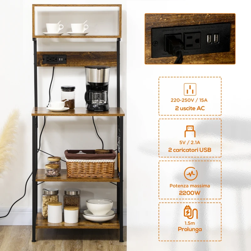 HOMCOM Scaffale Cucina con Multipresa, Ripiani e Ganci Stile Industriale, 60x42x153cm, Marrone