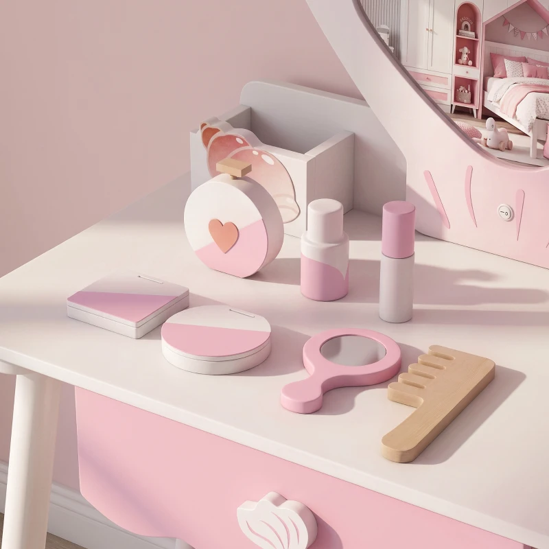 AIYAPLAY Kids Vanity Set, Kids Dressing Table with Chair, Acrylic Mirror, Lighted Bulbs, 7-Piece Accessories, for 3-8 Years, Pink