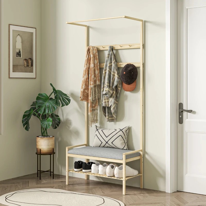 HOMCOM Perchero Zapatero con Banco Ganchos Zapatero y Compartimento de Almacenaje para Entrada 73,5x34x171 cm Gris y Natural