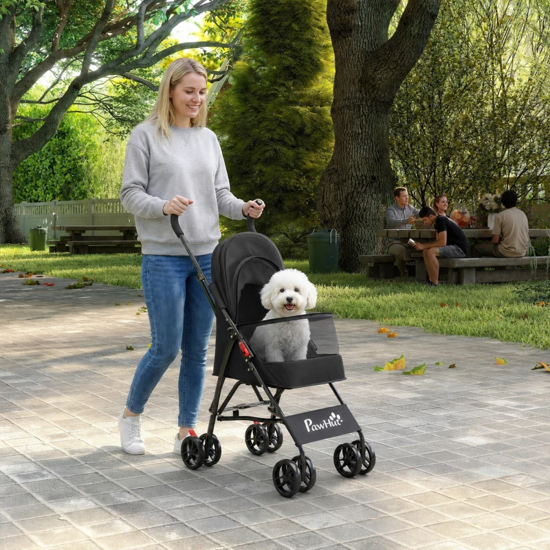 PawHut Dog Stroller, Foldable Cat Dog Pram for Miniature Breeds, Pet Stroller with Brake, Mesh Windows, Black