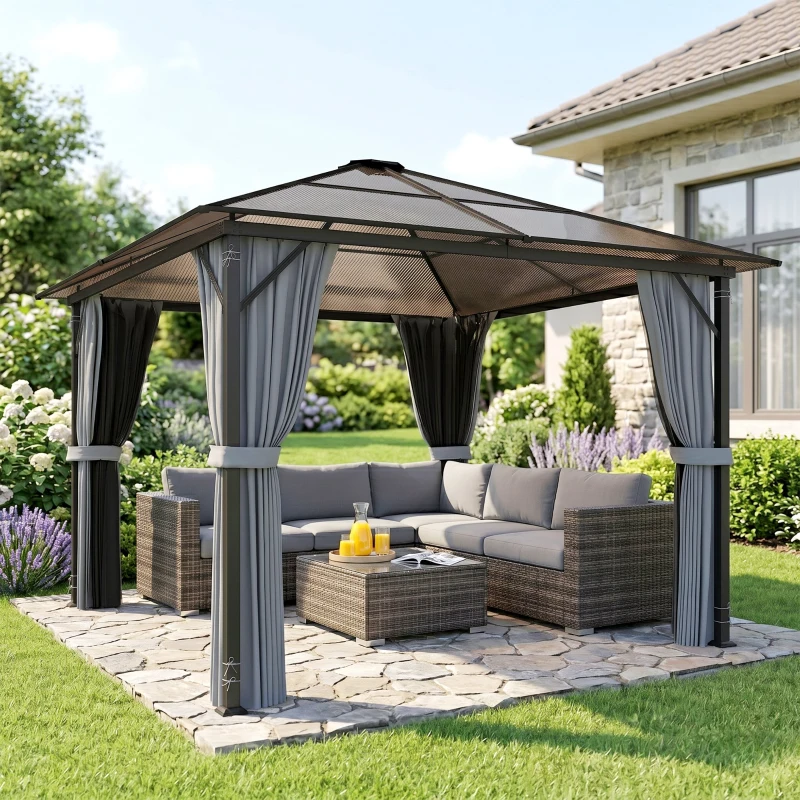 Outsunny Pavilion exterior 3x3 m cu acoperiș rigid, gri închis
