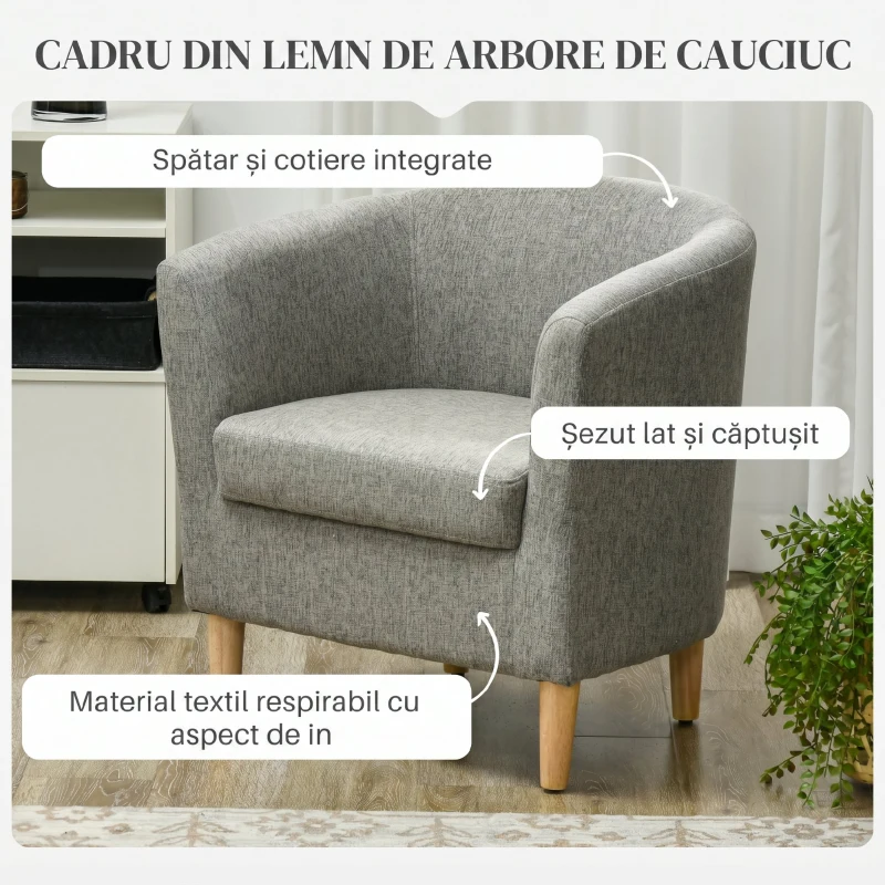 HOMCOM Fotoliu Modern tip Scoică din Material Textil cu Aspect de In și Picioare din Lemn, 74x63x73cm, Gri