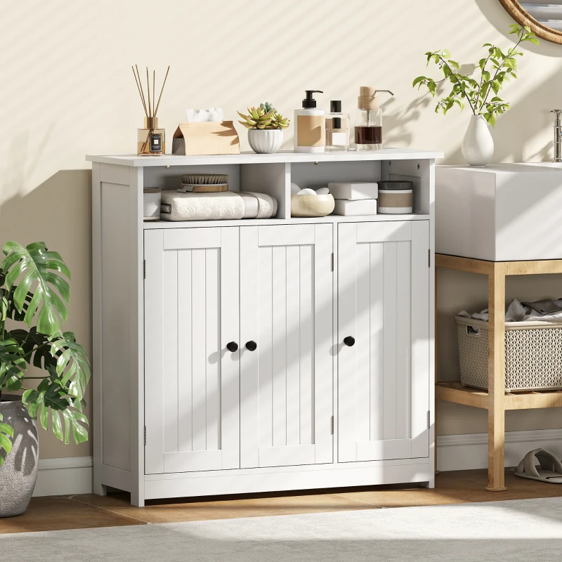 HOMCOM Armario de Baño Estrecho con 3 Puertas 2 Compartimentos Abiertos Estante Ajustable 85x30x85 cm Blanco