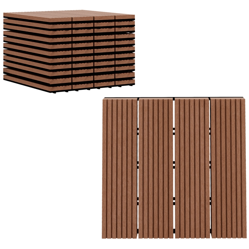 Outsunny Set 11 Piastrelle per Esterni ad Incastro Antiscivolo in HDPE Riciclato, 30x30x2.2 cm, Marrone