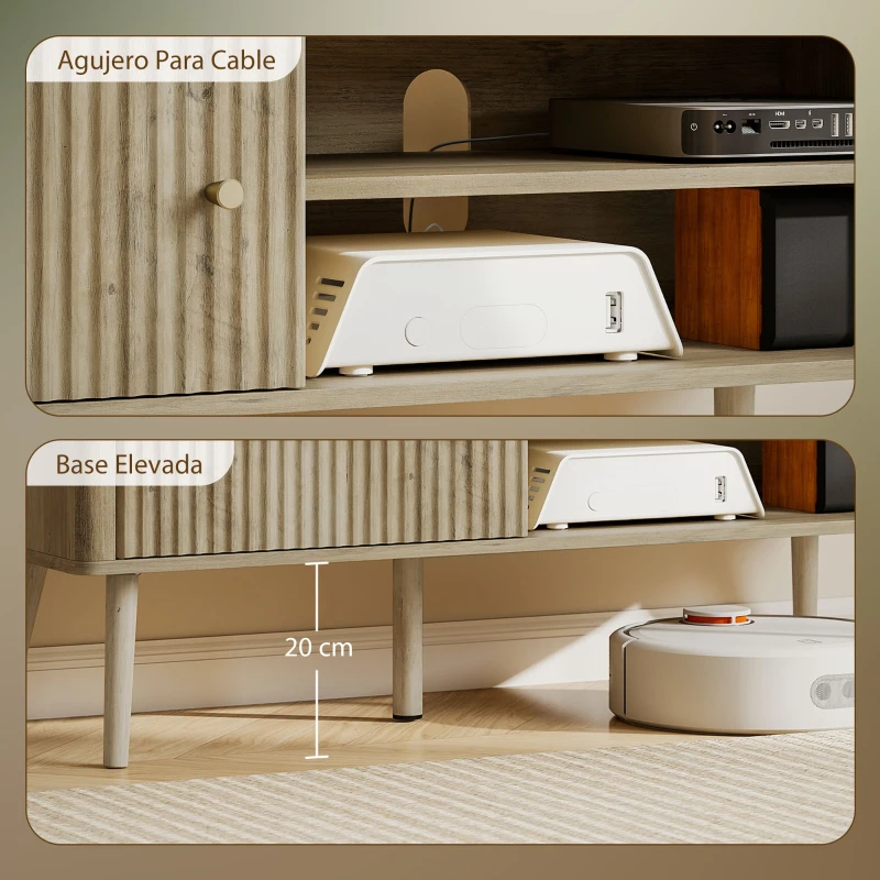 HOMCOM Mesa de TV con Puerta Estante Ajustable Compartimentos Abiertos y Orificio para Televisión hasta 55 Pulgadas Roble