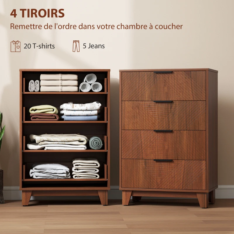 HOMCOM Commode 4 tiroirs meuble de rangement vintage avec poignées en métal, 60 x 36 x 90 cm, effet bois marron