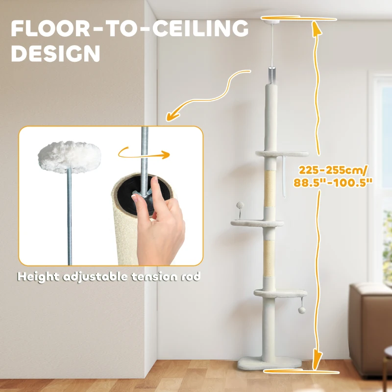 PawHut 225-255 cm Adjustable Cat Climbing Tower with Sisal Scratching Posts, 2 Hanging Play Balls and Anti-Tip Strap, Beige