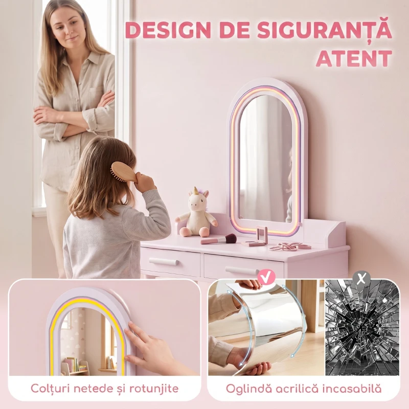 AIYAPLAY Măsuță de Toaletă pentru Copii 3-8 Ani, cu Taburet, Oglindă, Roz