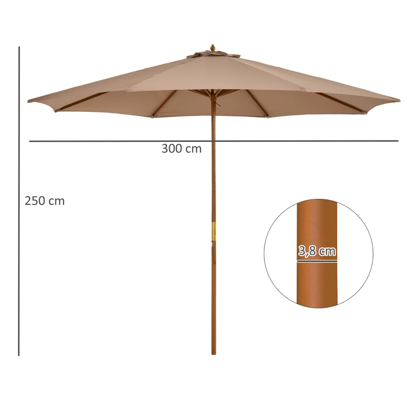 Outsunny Ombrellone da Giardino 3 m con Palo in Legno, 8 Stecche e Parasole in Poliestere, Cachi