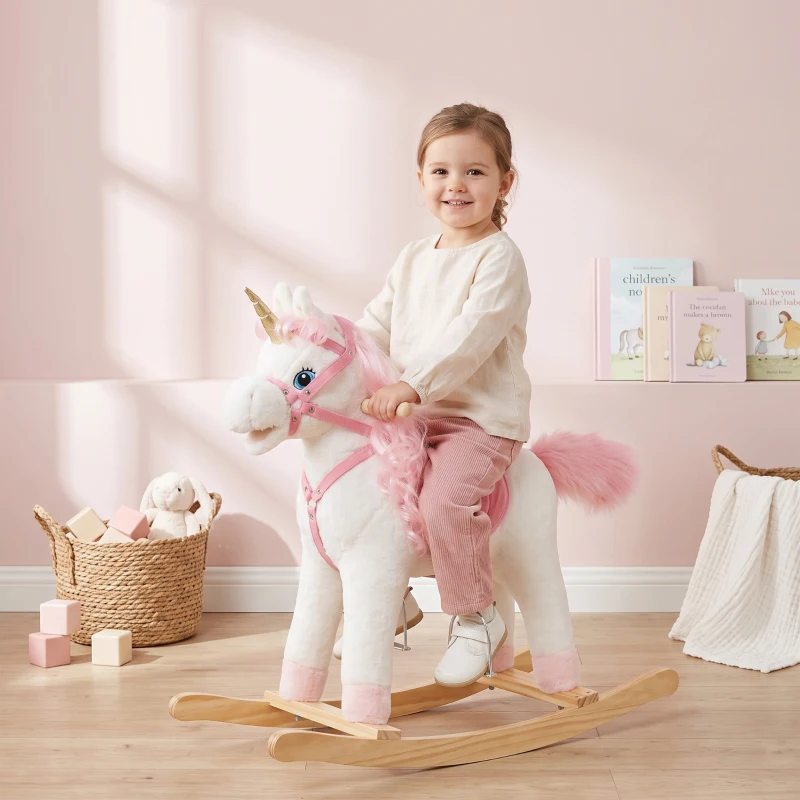 AIYAPLAY Caballito Balancín para Bebés Unicornio Sonidos de Cascos y Relinchos Boca y Cola Móviles 1-3 Años Blanco