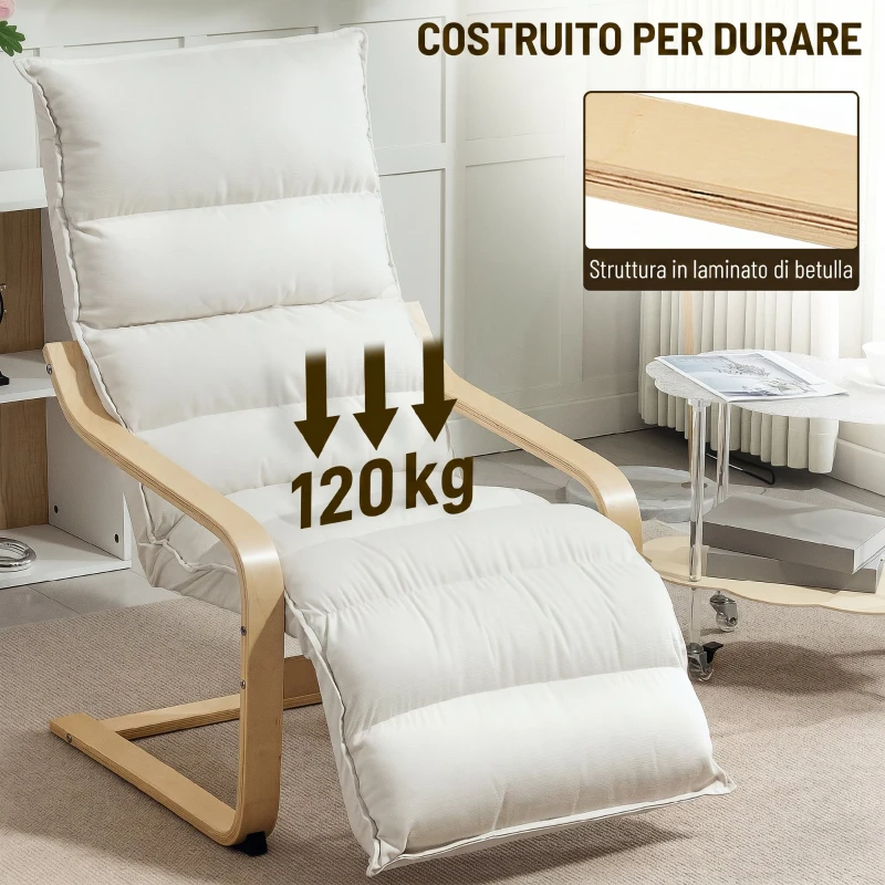 HOMCOM Poltroncina Relax in Legno con Rivestimento in Velluto e Poggiapiedi Regolabile, Crema