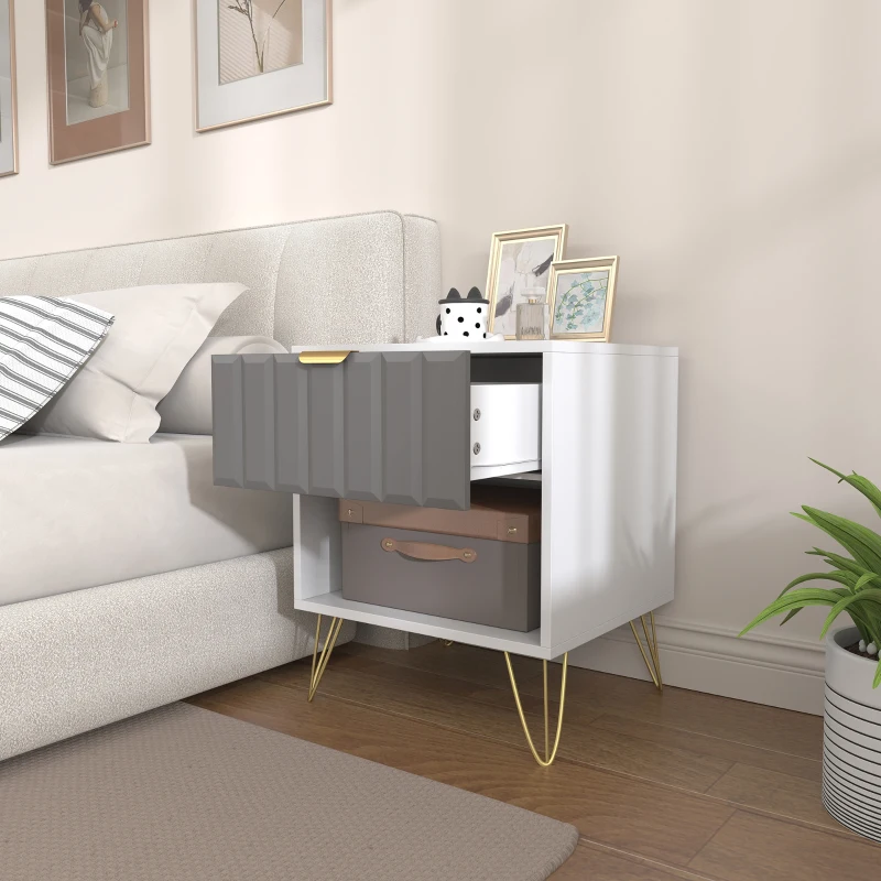 HOMCOM Table de chevet, table d'appoint compartiment ouvert, tiroir et poignée, pieds en acier, 45 x 40 x 55, blanc