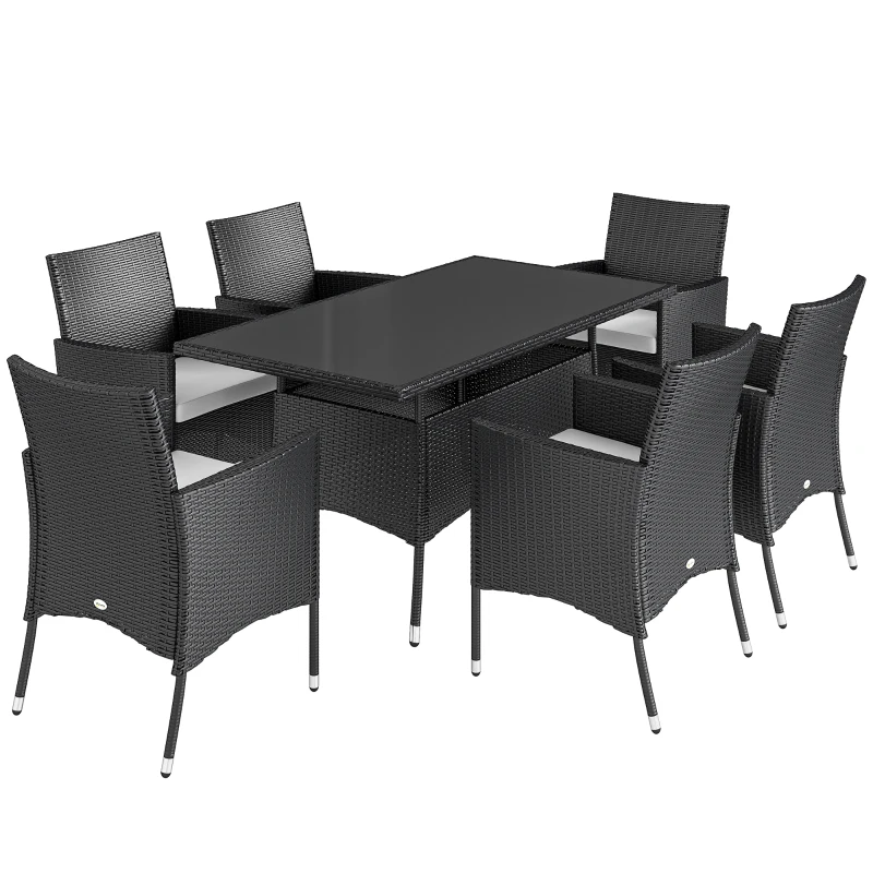 Outsunny Ensemble Salon de Jardin 6 Personnes - Grande Table rectangulaire, 6 fauteuils - 6 Coussins d'assise déhoussables Inclus - métal époxy Verre trempé 5 mm résine tressée Noire