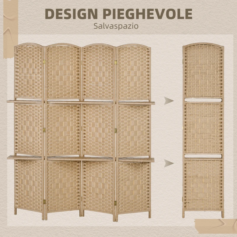 HOMCOM Paravento da Interno a 4 Pannelli Pieghevole con Mensole 160x170 cm, Colore Naturale