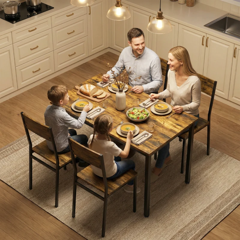 HOMCOM Ensemble table salle à manger avec 4 chaises, table de cuisine avec chaises 4 personnes, pieds en métal, brun rustique