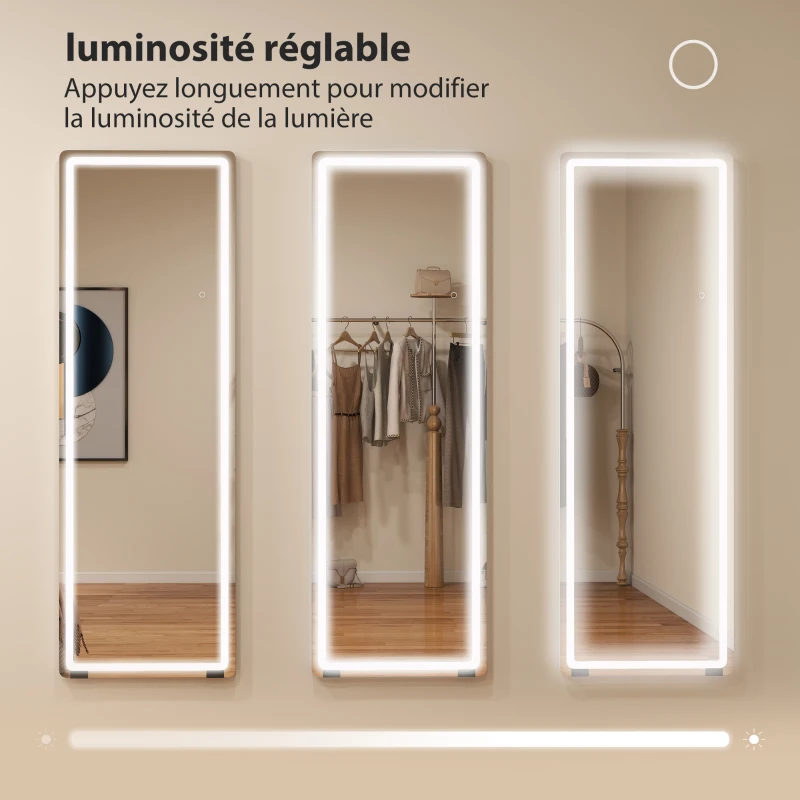 HOMCOM Miroir sur Pied avec LED 150 x 50 cm, 3 Couleurs, Dimmable, Fonction de Mémoire, Verre Trempé 4 mm, Transparent