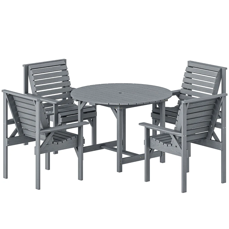 Outsunny 5 Pieces Garden Dining Set with Parasol Hole, Round Outdoor Table and Chairs, 4 Seater Wooden Garden Furniture, Grey