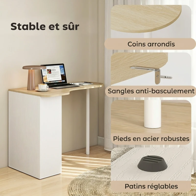 HOMCOM Bureau irrégulier table d'ordinateur 100 x 59 cm avec 6 compartiments, 4 étagères réglables et cadre en acier, chêne